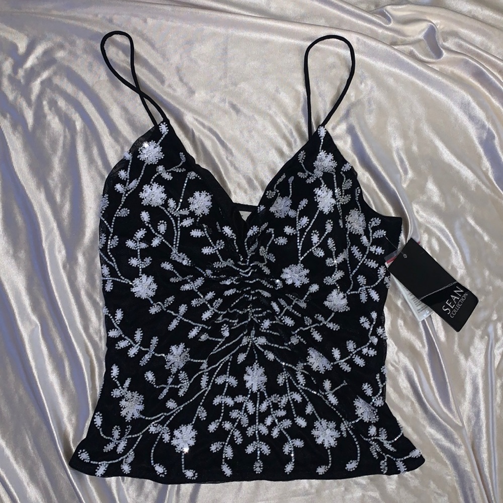 Sean Collection Floral Beaded Top | Size M Black and White Beaded Top
